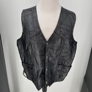 Leather Club Motorcycle Vest MENS Black Waist Length Snaps Pockets V Neck 46